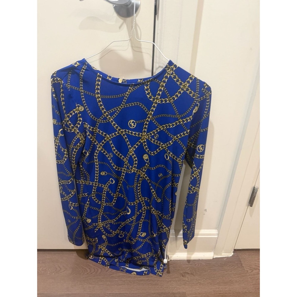 Michael Michael Kors Blue Gold Chain Link Logo Mini Dress Long Sleeve Medium